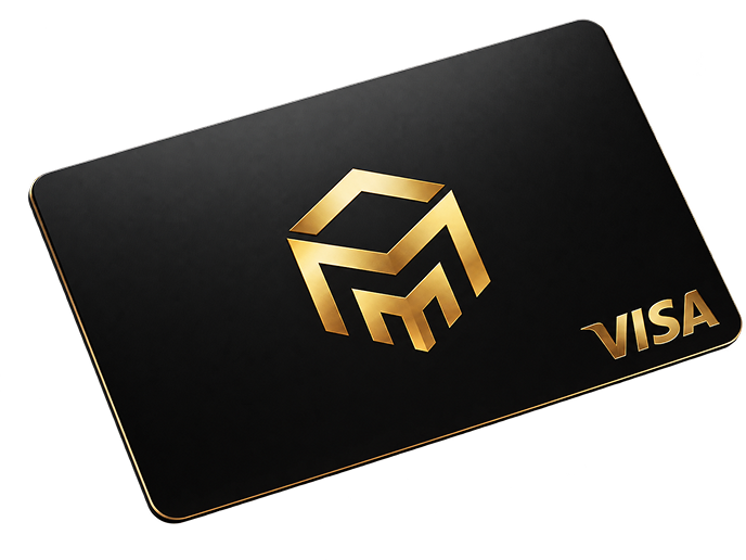 Tarjeta Visa negra de MM Fintech con el logotipo dorado