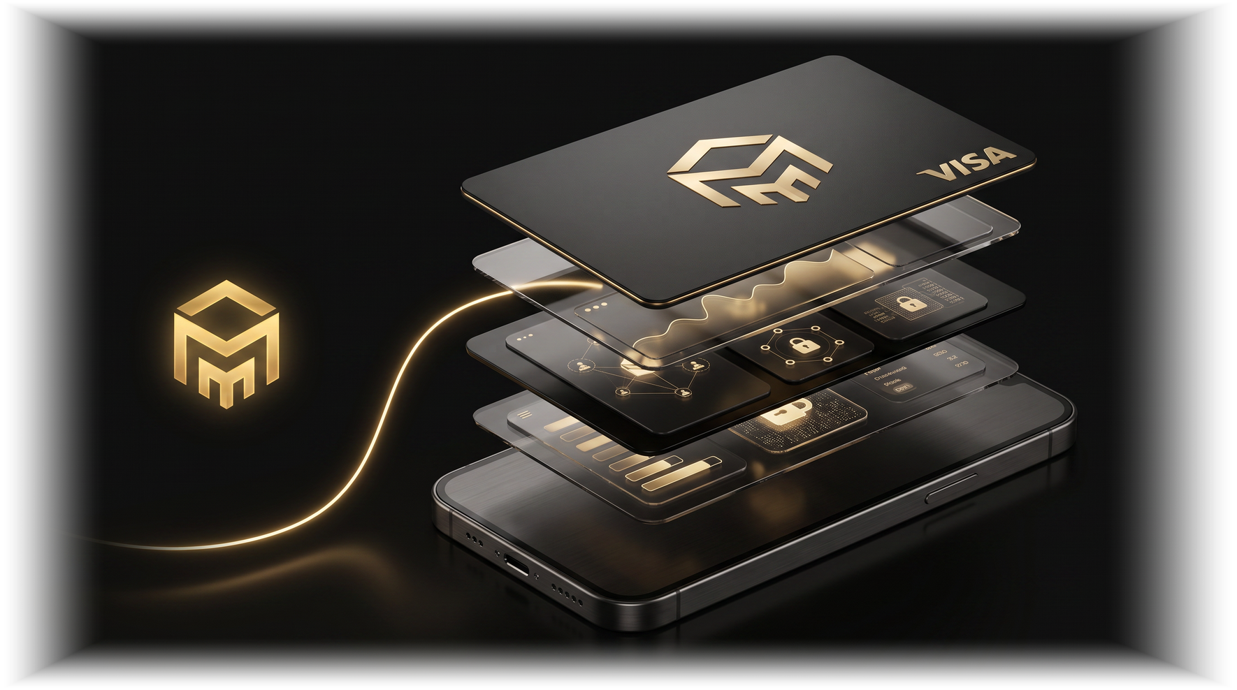 MM Fintech card over a stack of phone screens with a gold trail